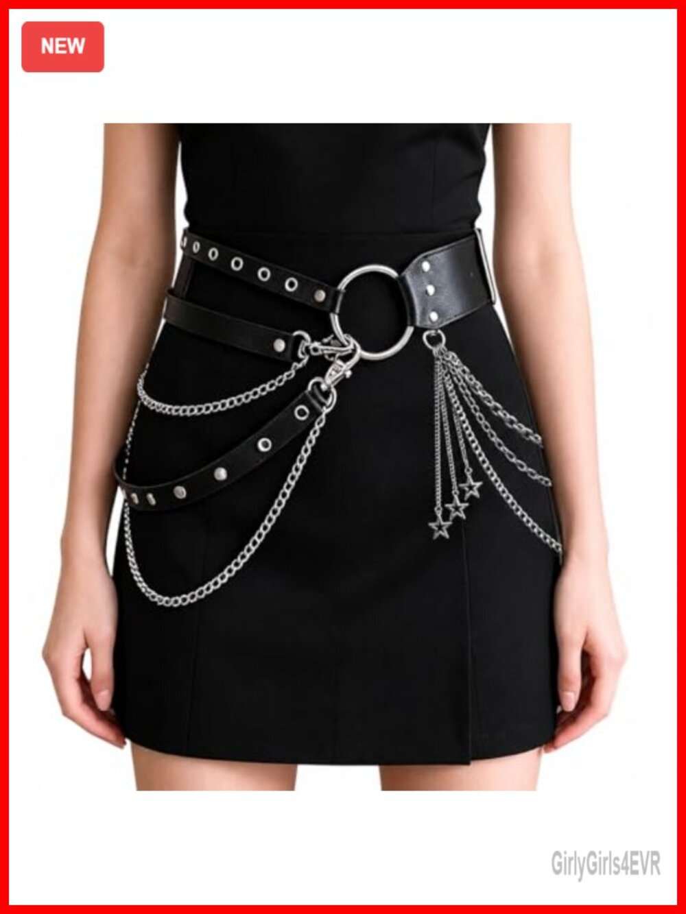 2PCS Punk Belt Chain Set Faux Leather Studded Belt Layered Pants Chain